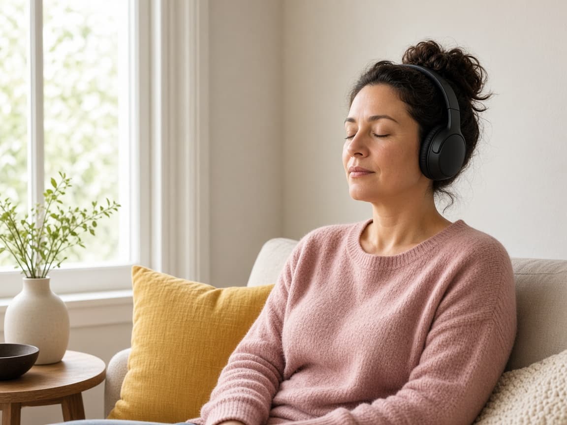 A woman in a rose sweater sits by a window wearing over-ear headphones.
